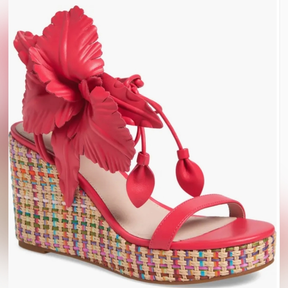 Cecelia Wedge Sandals 6.5 Pink Lilly Chunky Flower Leather Woven Strappy New$180 - Picture 3 of 13